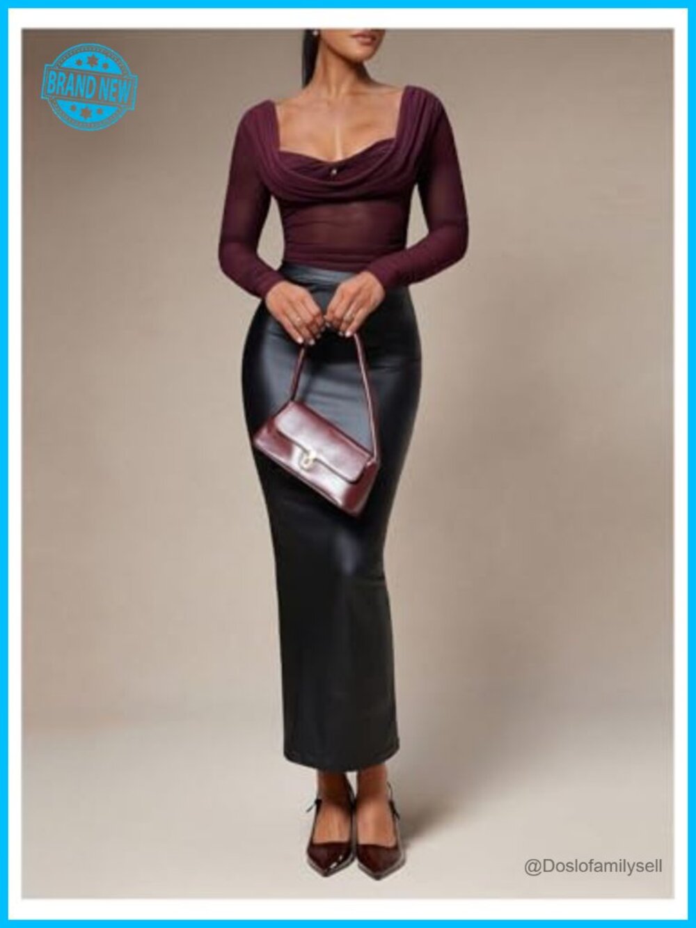 Sheer Mesh Cowl Neck Ruched Long Sleeve Fitted Top - Picture 4 of 5